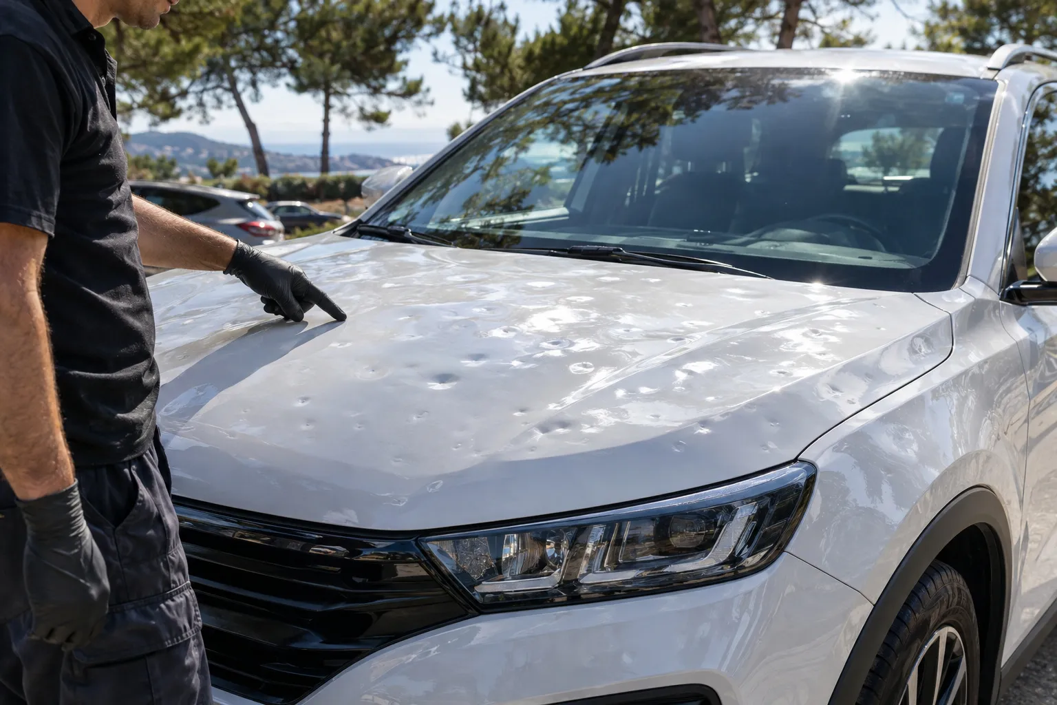 Un professionnel montre du doigt un impact parmi des dizaines de creux de grêle sur un capot, sur un parking en plein air.